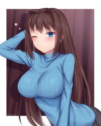 Rule 34 | 1girl, aozaki aoko, arm behind head, blue eyes, blue sweater, blush, border, breasts, brown hair, closed mouth, commentary request, hair intakes, highres, large breasts, long hair, long sleeves, looking at viewer, mahou tsukai no yoru, one eye closed, outside border, ribbed sweater, solo, soukitsu, sweater, turtleneck, turtleneck sweater, twitter username, very long hair, white border