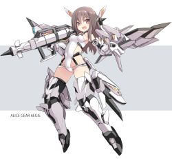 Rule 34 | 1girl, :d, aged down, alice gear aegis, alternate hair color, blush, breasts, brown eyes, brown hair, commentary request, copyright name, covered navel, full body, grey background, gun, hair between eyes, headgear, highres, holding, holding gun, holding weapon, karukan (monjya), leotard, long hair, looking at viewer, mecha musume, medium breasts, open mouth, smile, solo, two-tone background, weapon, white background, white leotard, yotsuya yumi
