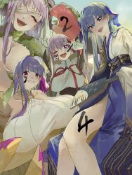 Rule 34 | 4girls, anmochi mochi, bandage over one eye, bandaged head, bandages, bare shoulders, bb (fate), bb (fate/extra), black coat, black skirt, blue eyes, blue kimono, blue ribbon, blush, body writing, breasts, calligraphy brush, center opening, claw (weapon), claws, closed eyes, coat, collar, collared shirt, criss-cross halter, fate/extra, fate/extra ccc, fate/extra ccc fox tail, fate/grand order, fate (series), flower, giant, giantess, gloves, grin, hair flower, hair ornament, hair ribbon, halterneck, high-waist skirt, highres, horns, huge breasts, japanese clothes, kimono, kingprotea (fate), kingprotea (second ascension) (fate), large breasts, long hair, long sleeves, looking at viewer, meltryllis (fate), moss, multiple girls, neck ribbon, o-ring, obi, one eye closed, open clothes, open coat, open mouth, paintbrush, passionlip (fate), pink eyes, pink ribbon, popped collar, purple eyes, purple hair, red ribbon, ribbon, sash, sharp teeth, shirt, skirt, sleeves past fingers, sleeves past wrists, small breasts, smile, teeth, thighs, two-tone kimono, v, very long hair, weapon, white gloves, white kimono, white shirt, wide sleeves