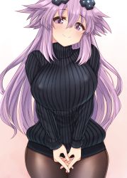 Rule 34 | 1girl, adult neptune, black pantyhose, black sweater, blush, breasts, breasts squeezed together, closed mouth, covered erect nipples, cowboy shot, d-pad, d-pad hair ornament, dura, hair between eyes, hair ornament, highres, large breasts, long hair, long sleeves, looking at viewer, neptune (series), pantyhose, purple eyes, purple hair, ribbed sweater, shin jigen game neptune vii, simple background, smile, solo, standing, sweater, turtleneck, turtleneck sweater