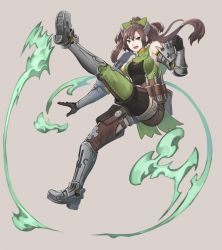Rule 34 | 1girl, :d, boots, bow, brown hair, commentary request, copyright request, floating hair, green bow, green eyes, grey background, hair bow, long hair, looking at viewer, nagi itsuki, open mouth, ponytail, simple background, smile, solo, thigh boots, thighhighs