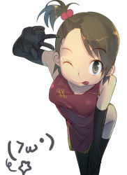 Rule 34 | 1girl, :p, breasts, brown eyes, brown hair, china dress, chinese clothes, dress, elbow gloves, foreshortening, futami ami, gloves, idolmaster, idolmaster (classic), maitake (loose), one eye closed, side ponytail, smile, solo, thighhighs, tongue, tongue out, v, wink