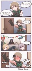 Rule 34 | ..., 1boy, 3girls, 4koma, @ @, balloon, black gloves, black hair, black jacket, blonde hair, blush, brown hair, cake, candy, character request, comic, commentary request, corset, disco brando, dress, earrings, embarrassed, english text, fang, food, full-face blush, gloves, green dress, hair ornament, hair over one eye, hands up, highres, idolmaster, idolmaster cinderella girls, jacket, jewelry, long hair, long sleeves, looking at viewer, morikubo nono, motion blur, multiple girls, necktie, nose blush, one eye covered, party, purple hair, red eyes, smile, spoken ellipsis, string of flags, tears, underbust, wavy mouth