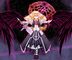 Rule 34 | 1girl, artist request, aura, black wings, blonde hair, embodiment of scarlet devil, energy ball, ex-rumia, female focus, glowing, glowing eyes, long hair, magic circle, md5 mismatch, ninjatasuku, red eyes, resolution mismatch, rumia, solo, source larger, sword, touhou, weapon, wings