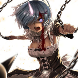 Rule 34 | 10s, 1girl, action, angry, ball and chain (weapon), black bow, black ribbon, blood, blood on face, blood on clothes, blue eyes, blue hair, bow, breasts, chain, cleavage, detached sleeves, dress, eyelashes, glowing, glowing eyes, glowing horns, hair ornament, hair over one eye, hairclip, highres, holding, holding weapon, horns, injury, light particles, looking at viewer, maid, matching hair/eyes, medium breasts, motion blur, one eye covered, oni, oni horns, open mouth, outstretched arms, re:zero kara hajimeru isekai seikatsu, rem (re:zero), ribbon, ribbon trim, short hair, single horn, solo, spikes, spoilers, tama satou, tears, underbust, upper body, weapon, white background, white bow, x hair ornament