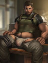 Rule 34 | 1boy, absurdres, appas, bara, beard, brown hair, bulge, chris redfield, clothes lift, covered abs, facial hair, feet out of frame, highres, large pectorals, male focus, male underwear, muscular, navel, navel hair, open pants, pants, pectorals, realistic, resident evil, resident evil 5, see-through, shirt lift, short hair, short sleeves, sitting, solo, thighs, tight clothes, undressing, white briefs, white male underwear
