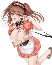 Rule 34 | 1girl, apron, areola slip, asahina mikuru, blue eyes, blurry, breasts, brown eyes, covering privates, covering breasts, highres, large breasts, long hair, looking at viewer, maid, maid apron, maid headdress, mary janes, mexif, mikuru beam, no legwear, official alternate hairstyle, open mouth, orange hair, running, shoes, solo, suzumiya haruhi no yuuutsu, twintails, v over eye