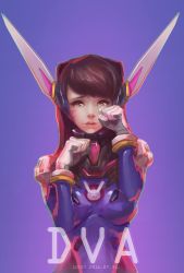 Rule 34 | 1girl, 2016, absurdres, animal print, armor, artist name, bad id, bad pixiv id, bodysuit, bracer, breasts, brown eyes, brown hair, character name, clenched hands, d.va (overwatch), dated, facepaint, facial mark, gloves, hands up, headphones, highres, lips, long hair, looking at viewer, luckiiy, medium breasts, overwatch, overwatch 1, parted lips, pauldrons, pilot suit, pink lips, rabbit print, ribbed bodysuit, shoulder armor, shoulder pads, solo, tearing up, turtleneck, upper body, whisker markings, white gloves