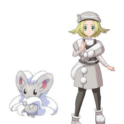 Rule 34 | 1girl, beret, bianca (pokemon), black pantyhose, black vest, blonde hair, cinccino, cinccino (cosplay), clenched hands, closed mouth, cosplay, creatures (company), eyelashes, ffccll, game freak, gen 5 pokemon, green eyes, grey headwear, grey skirt, hand up, hat, long sleeves, looking at viewer, nintendo, pantyhose, pokemon, pokemon (creature), pokemon bw2, pokemon masters ex, reference inset, shirt, skirt, smile, standing, vest, white background, white footwear, white shirt
