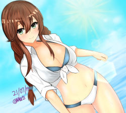 Rule 34 | 1girl, abataa, absurdres, bikini, braid, breasts, brown hair, cleavage, commentary request, cowboy shot, dated, dress shirt, dutch angle, green eyes, highres, kantai collection, large breasts, long hair, noshiro (kancolle), one-hour drawing challenge, shirt, solo, standing, swept bangs, swimsuit, tied shirt, twin braids, twitter username, two-tone bikini, white shirt