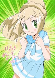 Rule 34 | 1girl, blonde hair, blunt bangs, blush, clenched hands, closed mouth, commentary request, creatures (company), dated, eyelashes, floating hair, game freak, green eyes, hainchu, hands up, light smile, lillie (pokemon), long hair, nintendo, pleated skirt, pokemon, pokemon sm, short sleeves, skirt, solo, translation request