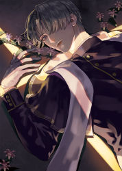 Rule 34 | 1boy, asymmetrical bangs, bad id, bad pixiv id, blue eyes, brown hair, buttons, cassock, collar, cuffs, flower, gloves, hair over one eye, heshikiri hasebe, light rays, long sleeves, looking at viewer, lying, male focus, on back, parted lips, short hair, sleeve cuffs, smile, solo, sunbeam, sunlight, touken ranbu, upper body, user tufx3333, white gloves
