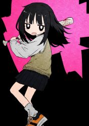 Rule 34 | 1girl, absurdres, baseball bat, batting stance, black background, black eyes, black hair, black skirt, blood, blood on hands, bloody weapon, bright pupils, brown sweater vest, commentary, dent, foot out of frame, foot up, from side, glaring, grey shirt, grey socks, highres, holding, holding baseball bat, light blush, long sleeves, looking at viewer, looking to the side, open mouth, original, pink background, pleated skirt, school uniform, shii595, shirt, shoes, skirt, sneakers, socks, solo, standing, standing on one leg, sweater vest, symbol-only commentary, two-tone background, v-shaped eyebrows, weapon, white pupils