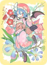 Rule 34 | 1girl, ;d, absurdres, alternate costume, bag, bat wings, blue flower, blue hair, blush, boots, bow, branch, brown footwear, chrysanthemum, commentary, cross-laced footwear, fang, fingernails, floral print, flower, full body, furisode, hair between eyes, handbag, hands up, hat, hat bow, highres, hydrangea, japanese clothes, kimono, lace-up boots, leaf, leg up, long fingernails, long sleeves, looking at viewer, mob cap, morino hon, nail polish, new year, obi, one eye closed, open mouth, pink kimono, red eyes, red flower, red hat, red nails, remilia scarlet, sash, short hair, slit pupils, smile, solo, standing, standing on one leg, striped, symbol-only commentary, touhou, two-tone background, v, v-shaped eyebrows, white background, white bow, white flower, wings, yellow background
