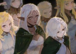 Rule 34 | 1other, 2boys, 4girls, blonde hair, blue eyes, blunt bangs, breasts, chest tattoo, choker, cithis, cleavage, cloak, closed mouth, commentary, dark-skinned female, dark skin, dress, dungeon meshi, elf, eon / ieon, facial mark, fairy, fairy (dungeon meshi), fleki, forehead mark, from above, from side, gorget, green cloak, grey hair, hair over one eye, hair tubes, half updo, hashtag-only commentary, hood, hood down, hooded cloak, looking at viewer, lycion, mithrun, multiple boys, multiple girls, notched ear, otta (dungeon meshi), pale skin, pattadol, pointy ears, purple eyes, short hair, sidelocks, smile, tattoo, topless male, tunic, uneven eyes, uniform, white dress, white hair