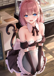 Rule 34 | 1girl, animal ears, apron, bare shoulders, black dress, black gloves, blue eyes, blush, breasts, brown hair, cat ears, cat tail, cleavage, collarbone, detached collar, dress, elbow gloves, gloves, highres, looking at viewer, maid, maid headdress, medium breasts, monaka curl, open mouth, original, smile, solo, tail, tray, waist apron