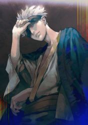 Rule 34 | 1boy, absurdres, black background, black blindfold, blindfold, blindfold lift, blue eyes, cowboy shot, gojou satoru, hand up, haori, highres, jacket, jacket on shoulders, japanese clothes, jujutsu kaisen, kimono, kyuuba melo, looking at viewer, male focus, one eye covered, parted lips, short hair, solo, standing, white hair, white kimono, wide sleeves