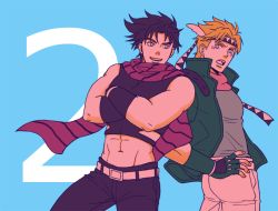 Rule 34 | 2boys, abs, battle tendency, blonde hair, caesar anthonio zeppeli, crop top, crossed arms, facial mark, fingerless gloves, gloves, groin, hands on own hips, headband, jacket, jojo no kimyou na bouken, joseph joestar, joseph joestar (young), male focus, midriff, multiple boys, muscular, navel, open mouth, purple hair, scarf, sleeveless, smile, striped clothes, striped scarf, tsumita, winged hair ornament