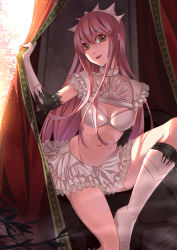 Rule 34 | 1girl, :d, black socks, blunt bangs, boots, breasts, collarbone, curtain grab, curtains, eyebrows, fate/grand order, fate (series), frills, gloves, groin, head tilt, highres, jh, knee boots, kneehighs, long hair, looking at viewer, medb (fate), midriff, miniskirt, navel, open mouth, pink hair, plant, see-through, shade, sitting, skirt, smile, socks, solo, stomach, tiara, white footwear, white gloves, white skirt, yellow eyes