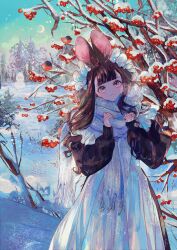 Rule 34 | 1girl, animal ears, bird, brown hair, closed mouth, commentary request, crescent moon, highres, jamu (yakinikuoi4), long hair, long sleeves, looking at viewer, moon, night, original, outdoors, scarf, snow, snowman, solo, standing, star (sky), tree, white scarf, winter