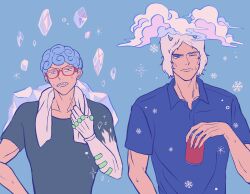 Rule 34 | 2boys, absurdres, blue background, blue eyes, blue hair, blue shirt, can, clenched teeth, closed mouth, cloud, collared shirt, commentary, curly hair, drink can, fake horns, frown, fur hat, ghiaccio, glasses, hat, highres, holding, holding can, horned hat, horned headwear, horns, ice, ice crystal, in-franchise crossover, jojo no kimyou na bouken, male focus, multiple boys, one eye closed, power connection, red-framed eyewear, remiii 888, shirt, short hair, short sleeves, simple background, snowflakes, soda can, sparkle, stand (jojo), stone ocean, sweat, teeth, towel, towel around neck, upper body, v-shaped eyebrows, vento aureo, weather report, white album (stand)