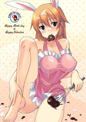 Rule 34 | 1girl, animal ears, apron, barefoot, blush, breasts, charlotte e. yeager, chocolate, feet, food, hands on feet, happy birthday, happy valentine, heart, kyogoku shin, large breasts, mouth hold, naked apron, no panties, rabbit ears, rabbit girl, solo, strike witches, valentine, whisk, world witches series