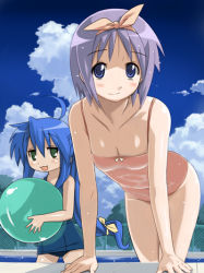 Rule 34 | 00s, 2girls, :3, ahoge, ball, beachball, blue hair, blush, breasts, chain-link fence, cleavage, cloud, day, fence, hiiragi tsukasa, imo works, izumi konata, leaning forward, light purple hair, long hair, lowres, lucky star, mole, mole under eye, multiple girls, one-piece swimsuit, outdoors, pool, poolside, purple eyes, school swimsuit, short hair, small breasts, smile, standing, swimsuit, wading