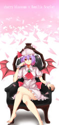 Rule 34 | 1girl, akira (mr akira), armchair, ascot, bad feet, bare legs, barefoot, bat wings, chair, character name, cherry blossoms, hat, highres, looking at viewer, mob cap, petals, purple hair, red eyes, remilia scarlet, short hair, sitting, smile, solo, touhou, wings, wrist cuffs