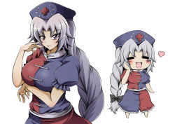 1girl =_= breasts chibi commentary_request grey_hair hand_on_own_face hat heart hidefu_kitayan highres large_breasts long_braid long_hair looking_at_viewer nurse nurse_cap open_mouth purple_eyes touhou white_background yagokoro_eirin