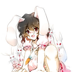 Rule 34 | 1girl, animal ears, arm support, blood, breasts, brown hair, rabbit, rabbit ears, dress, female focus, gradient hair, inaba tewi, jewelry, kneeling, multicolored hair, nipples, pendant, pink dress, short hair, small breasts, solo, sweat, torazou, touhou, white background