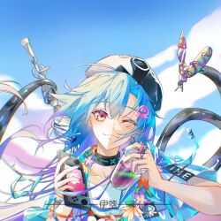 Rule 34 | 1boy, arknights, beret, black hat, blue hair, blue jacket, blue nails, blue sky, collarbone, commentary request, cup, day, disposable cup, drinking straw, hair between eyes, hair ornament, handheld game console, hat, head tilt, highres, holding, holding cup, jacket, long hair, looking at viewer, male focus, mizuki (arknights), mizuki (summer feast) (arknights), nail polish, official alternate costume, open clothes, open jacket, outdoors, purple eyes, shirt, short sleeves, sky, solo, tentacles, upper body, white shirt, wqzy380