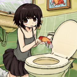 Rule 34 | 1girl, bare shoulders, bathroom, black skirt, blush stickers, breasts, brown eyes, brown hair, bubbacterial, camisole, character request, cleavage, collarbone, copyright request, cowboy shot, crying, crying with eyes open, death, drawing (object), earrings, fish, fishing rod, goldfish, grey camisole, hands up, highres, holding, holding fishing rod, indoors, jewelry, kneeling, looking at viewer, miniskirt, mirror, on floor, open mouth, pleated skirt, runny nose, short hair, sidelocks, sink, skirt, small breasts, snot, socks, solo, tareme, tears, toilet, toilet paper, white socks
