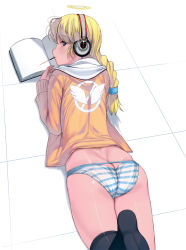 Rule 34 | 1girl, ass, ass cutout, black thighhighs, blonde hair, blue eyes, book, braid, butt crack, clothing cutout, dark-skinned female, dark skin, food, halo, headphones, highres, jacket, keyhole panties, kouno (masao), long hair, looking at viewer, looking back, lying, mouth hold, no pants, on stomach, open book, open clothes, open jacket, original, panties, pocky, simple background, single braid, solo, striped clothes, striped panties, thighhighs, underwear