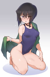 Rule 34 | 10s, 1girl, atte nanakusa, bare legs, barefoot, black hair, blue one-piece swimsuit, breasts, bright pupils, choker, competition swimsuit, covered navel, eyes visible through hair, girls und panzer, gradient background, grey background, hair between eyes, hair over one eye, highleg, highleg swimsuit, highres, kawashima momo, kneeling, looking at viewer, medium breasts, monocle, off shoulder, one-piece swimsuit, one eye closed, purple eyes, ribbon choker, short hair, solo, sweat, swimsuit, towel, white pupils, wristband