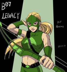 Rule 34 | 10s, 1girl, 2013, arrow (projectile), artemis crock, blonde hair, bow (weapon), brown eyes, character name, dark skin, dark-skinned female, dc comics, female focus, midriff, ponytail, riyan, solo, weapon, young justice: invasion