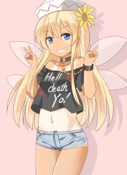 Rule 34 | 1girl, alternate costume, bare shoulders, black shirt, blonde hair, blue eyes, clothes writing, contemporary, cosplay, crop top, crop top overhang, double v, flower, grin, hair flower, hair ornament, hat, hecatia lapislazuli, hecatia lapislazuli (cosplay), lily white, long hair, midriff, navel, off-shoulder shirt, off shoulder, one-piece tan, pun, shimouki izui, shirt, short shorts, shorts, simple background, smile, solo, sunflower, t-shirt, tan, tanline, touhou, v, wings
