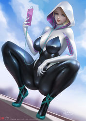 Rule 34 | 1girl, artist name, ballet slippers, black bodysuit, blonde hair, blue eyes, bodysuit, breasts, cloud, cloudy sky, earbuds, earphones, female focus, full body, gwen stacy, hood, hood up, hooded bodysuit, large breasts, latex, latex bodysuit, lips, looking at viewer, marvel, mask, nose, open mouth, outdoors, patreon username, patterned clothing, phone, reflection, reflective clothes, sade abyss, shiny clothes, signature, sky, solo, spider-gwen, spider-man (series), spread legs, squatting, teeth, two-tone bodysuit, watermark, web address, white bodysuit