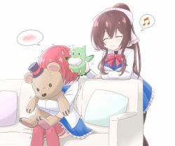 Rule 34 | 2girls, ^ ^, arm support, assault lily, beamed eighth notes, black shirt, blue skirt, blush, bow, bowtie, brown hair, brown legwear, closed eyes, closed mouth, commentary request, couch, covered face, cushion, hugging doll, embarrassed, feet out of frame, frilled skirt, frills, hair between eyes, hair bow, hatsukano you, herensuge girls academy school uniform, holding, holding stuffed toy, inoguchi minto, jacket, leaning forward, leaning on object, long hair, long sleeves, medium hair, miniskirt, motion lines, multiple girls, musical note, hugging object, on couch, pantyhose, red bow, red bowtie, red hair, red legwear, school uniform, serizawa chikaru, shirt, sidelocks, simple background, sitting, skirt, smile, spoken blush, spoken musical note, standing, stuffed animal, stuffed bird, stuffed toy, sweatdrop, teasing, teddy bear, thighhighs, trembling, white background, white bow, white jacket