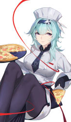 Rule 34 | 1girl, absurdres, black pantyhose, blue hair, blue hairband, blue necktie, breasts, change (1044080555), chef hat, chinese commentary, commentary request, dress, eula (genshin impact), eula (pizza hut) (genshin impact), feet out of frame, food, genshin impact, hair between eyes, hair ornament, hairband, hat, highres, holding, holding tray, large breasts, long sleeves, looking at viewer, medium hair, necktie, pantyhose, pizza, pizza slice, purple eyes, short dress, simple background, sitting, smile, solo, tray, white background, white dress, white headwear