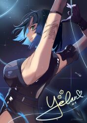 Rule 34 | 1girl, arm tattoo, arms up, blue hair, bob cut, breasts, character name, commentary request, genshin impact, green eyes, highres, large breasts, mush (mushlicious), short hair, sleeveless, solo, tattoo, upper body, yelan (genshin impact)