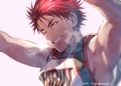Rule 34 | 1boy, armpits, arms up, basketball uniform, breath, close-up, commentary request, eyebrows, grin, kagami taiga, kuroko no basuke, male focus, one eye closed, red eyes, red hair, short hair, smile, solo, sportswear, sweat, teeth, toned, toned male, torisu