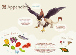 Rule 34 | animal focus, beak, bird wings, bug, butterfly, caterpillar, claws, feathered wings, fish, food, fruit, full body, fur-tipped tail, griffin, insect, leaf, lion tail, looking at viewer, mixed limbs, monster, mushroom, original, pixiv fantasia, pixiv fantasia new world, silhouette, simple background, sparkle, tail, translation request, wings, yamamura le, yellow background, yellow eyes
