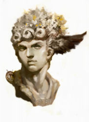 Rule 34 | 1boy, bad id, bad pixiv id, bug, curly hair, flower, giorno giovanna, hair flower, hair ornament, head wing, head wings, insect, jojo no kimyou na bouken, ladybug, male focus, portrait, realistic, riko233, solo, statue, vento aureo, wings