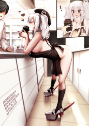Rule 34 | !, 10s, 1boy, 1girl, :d, apron, ass, beret, black eyes, black hair, black nails, black socks, breasts, cleavage, clerk, coffee cup, cup, disposable cup, drinking, employee uniform, hat, heart, high heels, highres, kantai collection, kashima (kancolle), kneehighs, large breasts, lawson, nail polish, naked apron, name tag, open mouth, sideboob, smile, socks, solo focus, souryu, teeth, twintails, uniform