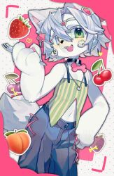 1boy animal_ears baiq cherry collar commentary food fork fruit furry furry_male green_eyes grey_hair hair_between_eyes hand_up heterochromia holding looking_at_viewer male_focus navel open_mouth original peach short_hair solo strawberry symbol-only_commentary tail