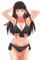 Rule 34 | 1girl, armpits, arms up, bikini, black bikini, black eyes, black hair, blunt bangs, breasts, cleavage, closed mouth, commentary request, cowboy shot, front-tie bikini top, front-tie top, girls und panzer, half-closed eyes, hamushima, hands in hair, highres, large breasts, light frown, long hair, looking at viewer, navel, nishizumi shiho, side-tie bikini bottom, simple background, solo, standing, straight hair, swimsuit, white background