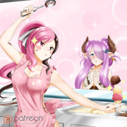 Rule 34 | 2girls, apron, arm up, artist name, bikini, bikini top only, blush, bow, bra, breasts, brown hair, cleavage, collarbone, cream, cream on body, cream on face, draph, earrings, food, food on face, granblue fantasy, grey bow, hair bow, hair ornament, hair over one eye, holding, holding food, horns, ice cream, ice cream scoop, jewelry, kimmy77, long hair, medium breasts, multicolored hair, multiple girls, narmaya (granblue fantasy), nearly naked apron, neo politan, open mouth, overalls, patreon logo, pink apron, pink background, pink bra, pink hair, pointy ears, ponytail, purple hair, red bikini, rwby, sparkle, split-color hair, standing, swimsuit, two-tone hair, underwear, upper body, very long hair, watermark, web address