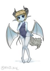 Rule 34 | 1girl, blue skin, colored skin, demon girl, demon wings, female focus, finger to mouth, full body, horns, one-piece swimsuit, parted lips, pointy ears, rnd.jpg (artist), simple background, solo, swimsuit, tail, thighhighs, twitter username, white background, wings