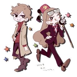 1boy 1girl 8-ball :q black_jacket black_pants black_suit blush_stickers boots brother_and_sister brown_hair cane closed_mouth cosplay dated dipper_pines eyewear_on_head fez_hat formal full_body glasses gravity_falls hat izm_ovo jacket long_hair mabel_pines one_eye_closed pants red_hat red_sweater siblings simple_background smile stanford_pines stanford_pines_(cosplay) stanley_pines stanley_pines_(cosplay) star_(symbol) star_in_eye suit sweater symbol_in_eye tongue tongue_out twins very_long_hair white_background