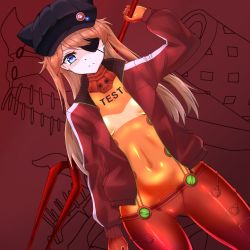 Rule 34 | 1girl, animal hat, artist name, artist request, badge, black hat, blue eyes, bodysuit, bodysuit under clothes, cat hat, closed mouth, cowboy shot, curvy, evangelion: 3.0 you can (not) redo, expressionless, eyepatch, gloves, gluteal fold, hat, hat ornament, highres, holding, holding weapon, jacket, lance of longinus (evangelion), lips, long hair, long sleeves, looking at viewer, mecha, neon genesis evangelion, one eye covered, orange hair, plugsuit, polearm, rebuild of evangelion, red bodysuit, red gloves, red jacket, robot, sharp teeth, shiny clothes, simple background, skin tight, solo, souryuu asuka langley, standing, teeth, test plugsuit, track jacket, turtleneck, turtleneck jacket, very long hair, weapon